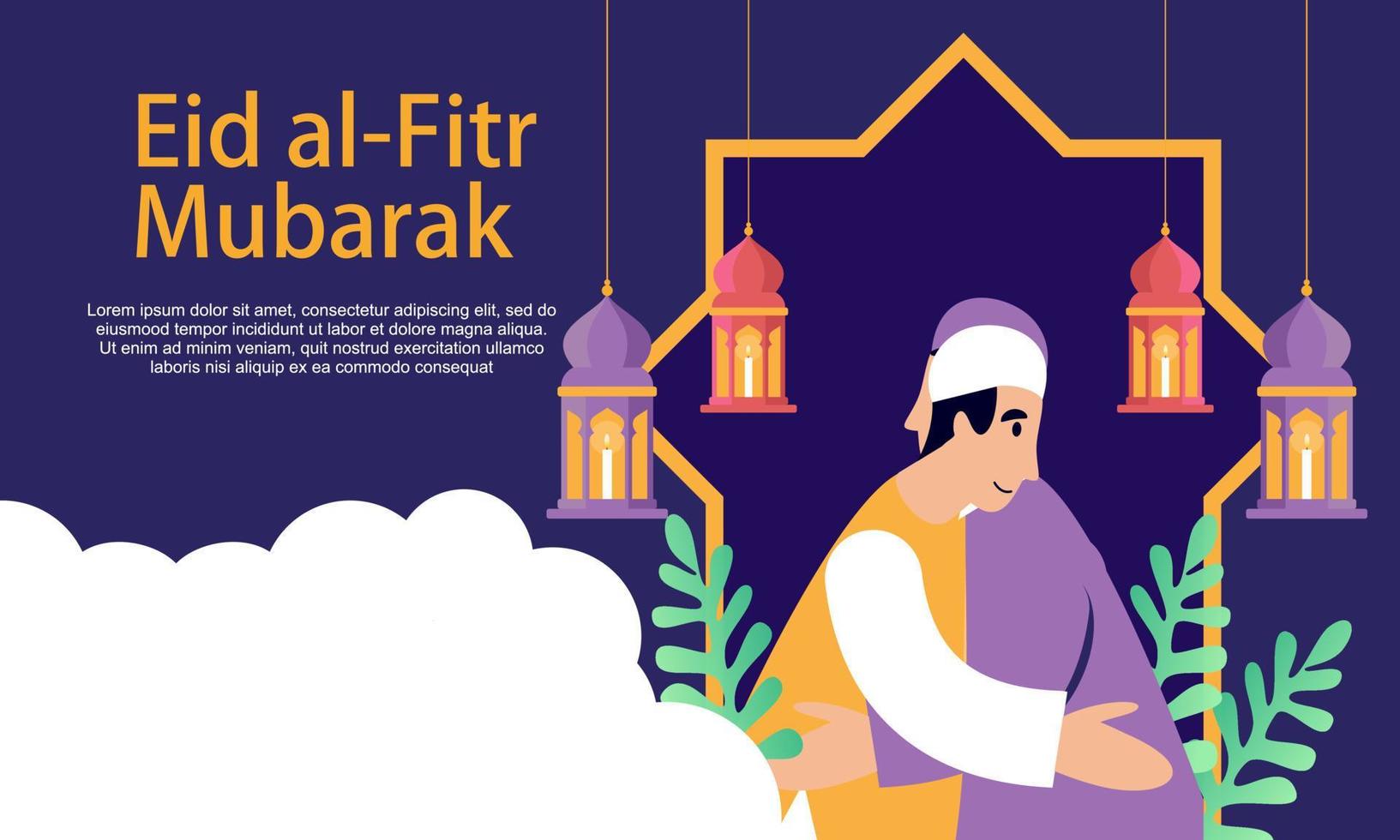Happy eid mubarak, ramadan mubarak greeting concept with people character illustration vector