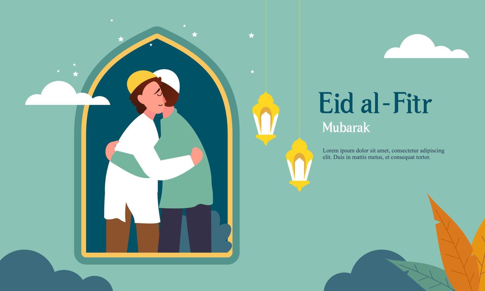 Happy eid mubarak, ramadan mubarak greeting concept with people character illustration vector