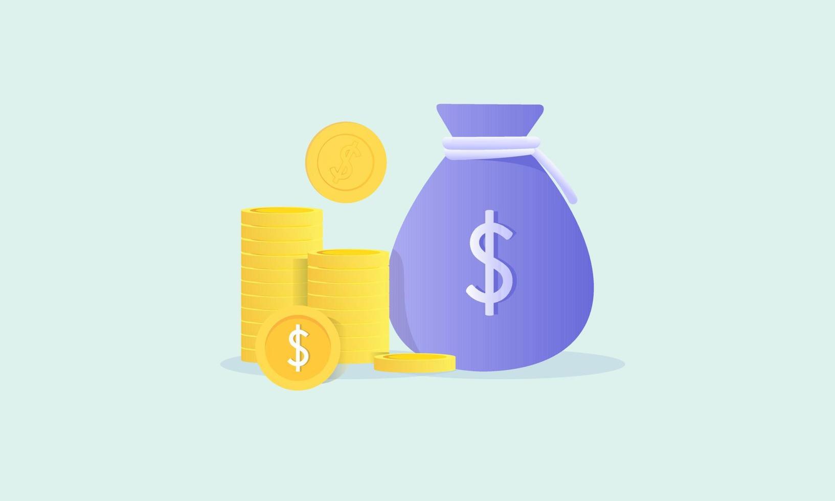 Money concept. money bag, coins stack and banknotes logo vector