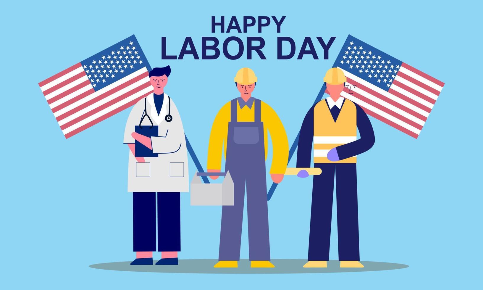 Feliz Día del Trabajo. varias ocupaciones personas de pie con bandera americana vector