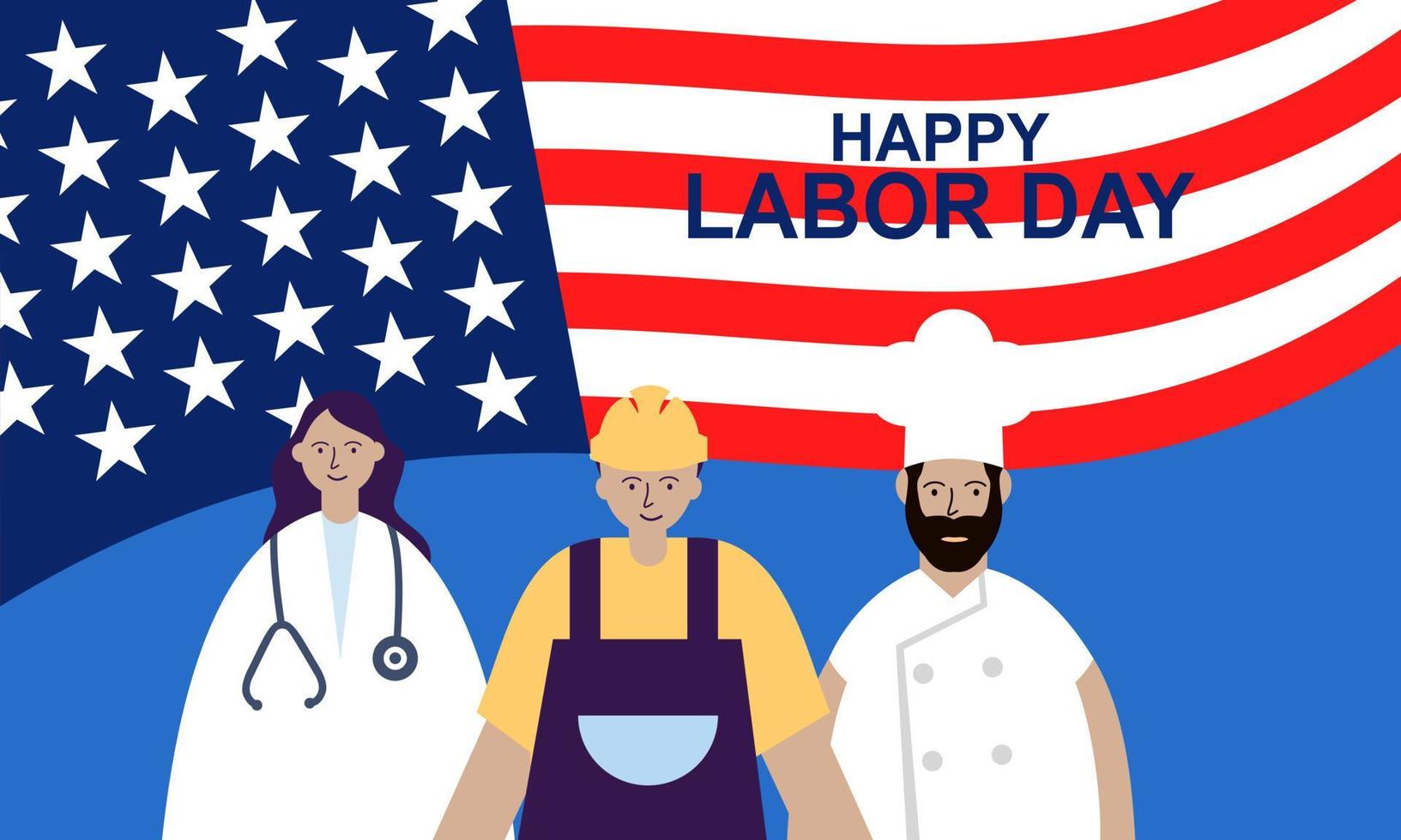 Happy labor day. various occupations people standing with american flag vector