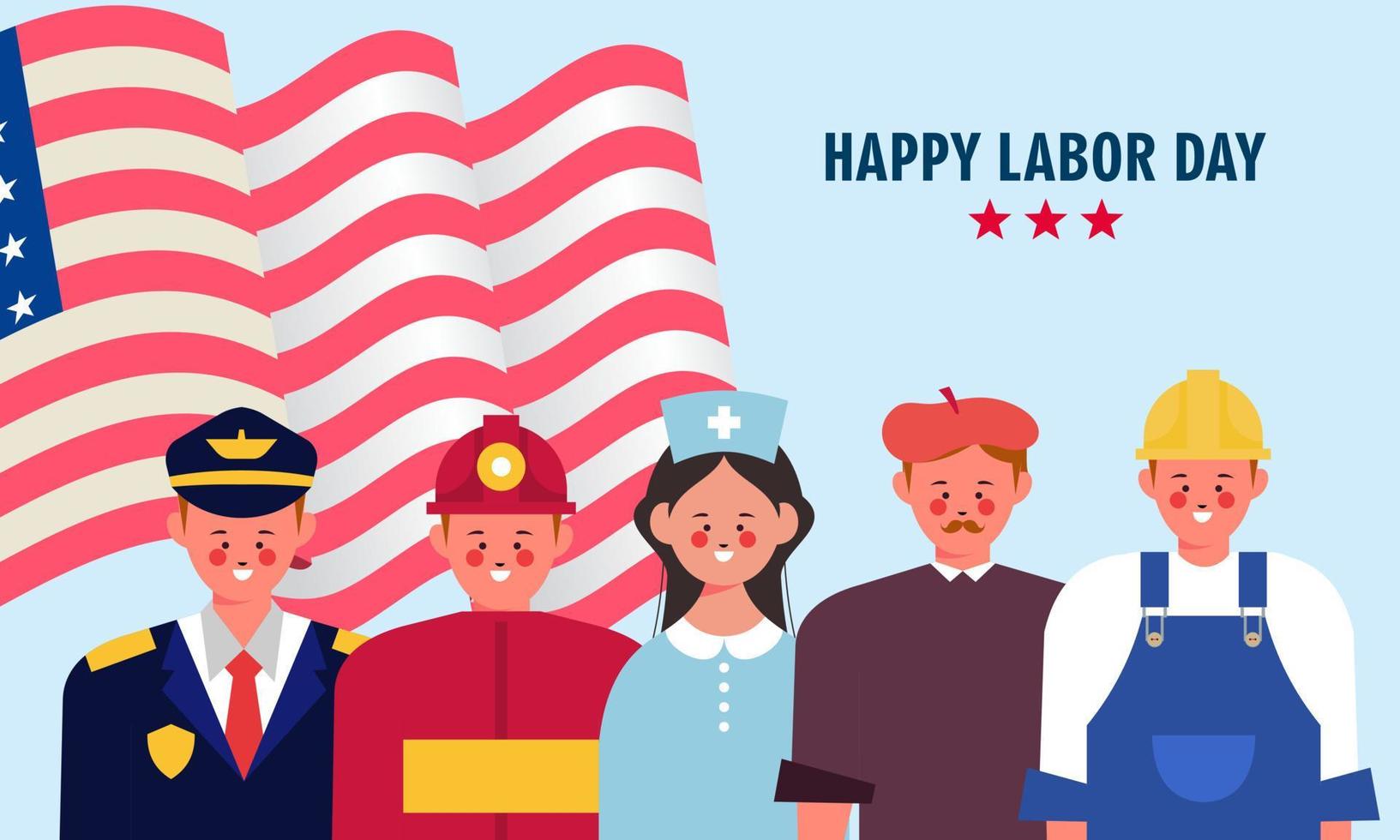 Feliz Día del Trabajo. varias ocupaciones personas de pie con bandera americana vector
