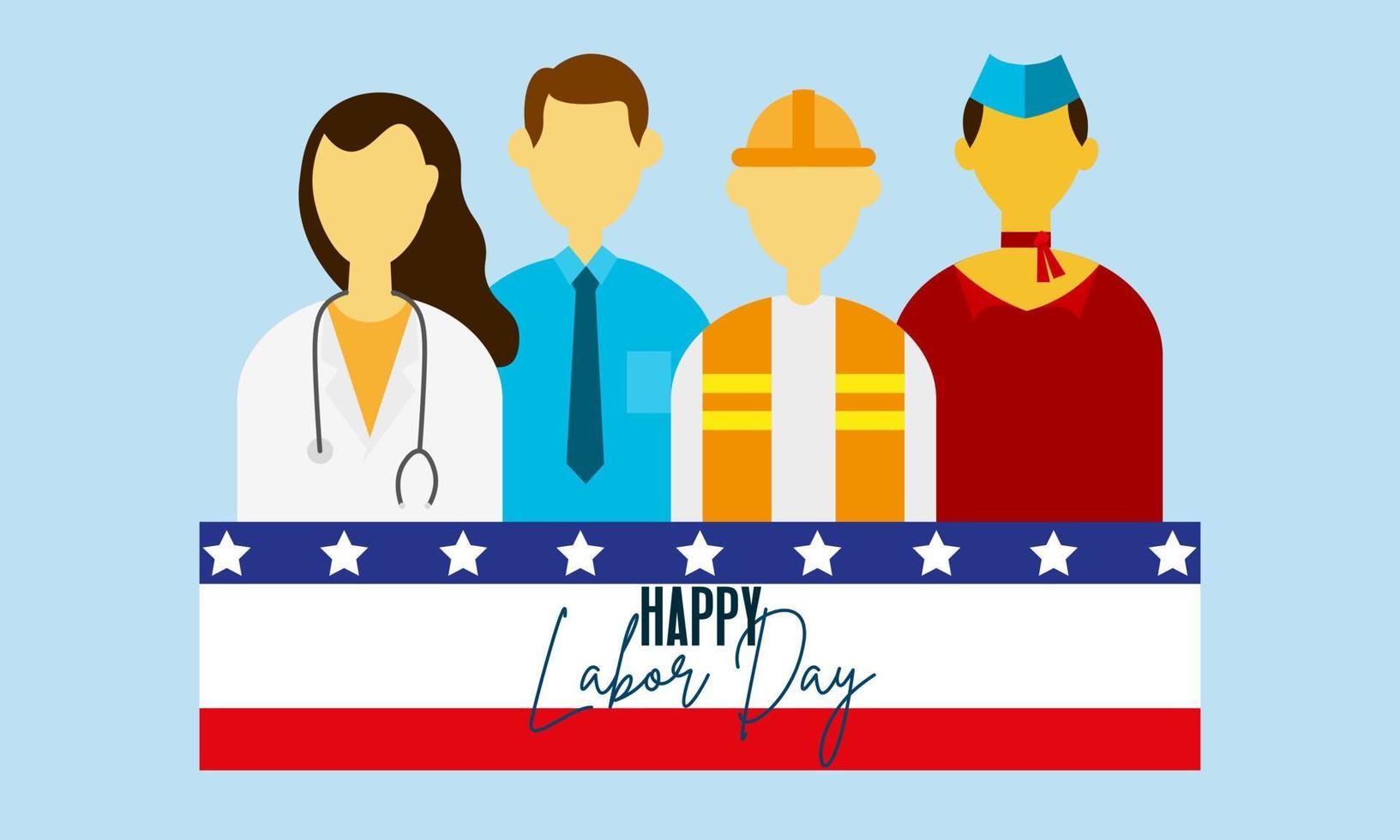 Feliz Día del Trabajo. varias ocupaciones personas de pie con bandera americana vector