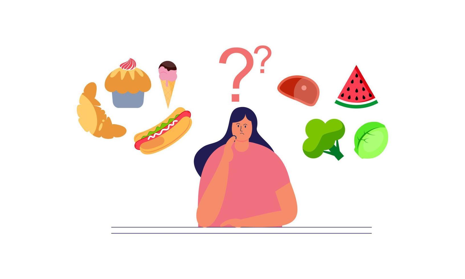 Woman choosing between healthy and unhealthy food concept illustration vector