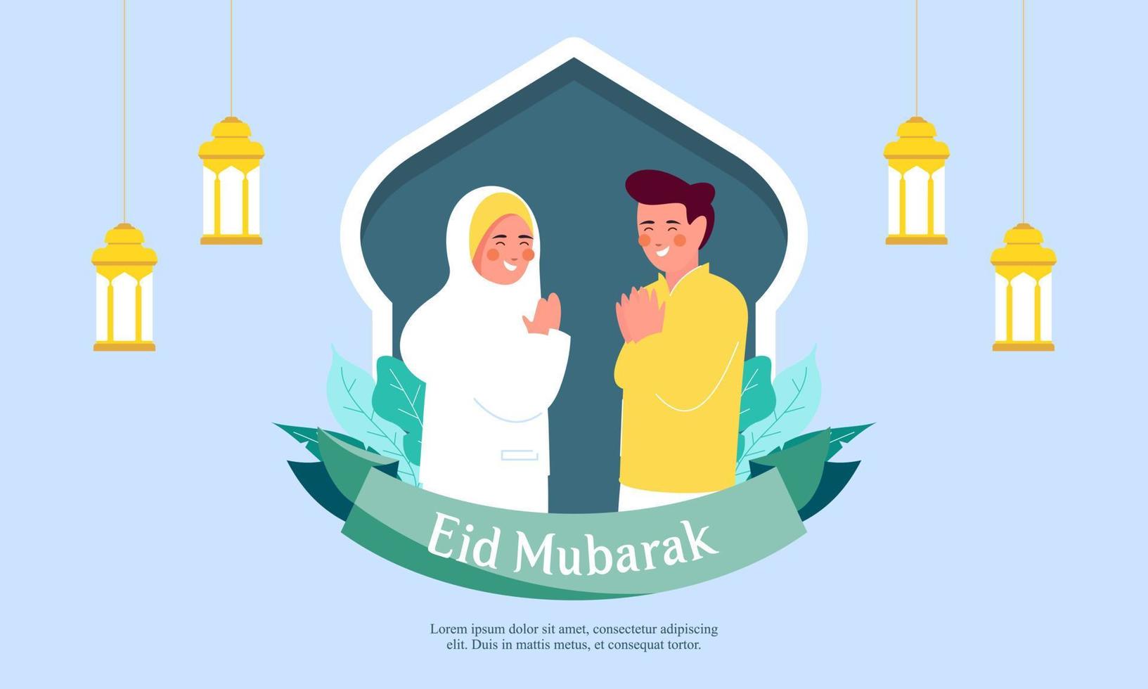 Happy eid mubarak, ramadan mubarak greeting concept with people character illustration vector