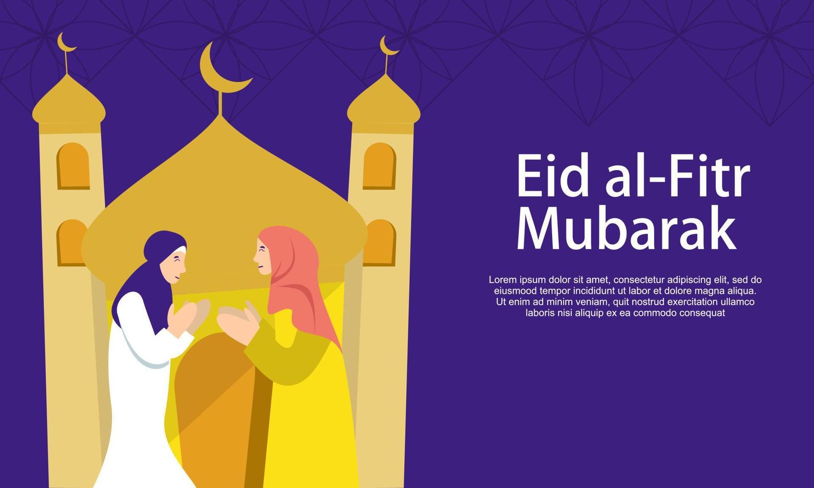 Happy eid mubarak, ramadan mubarak greeting concept with people character illustration vector