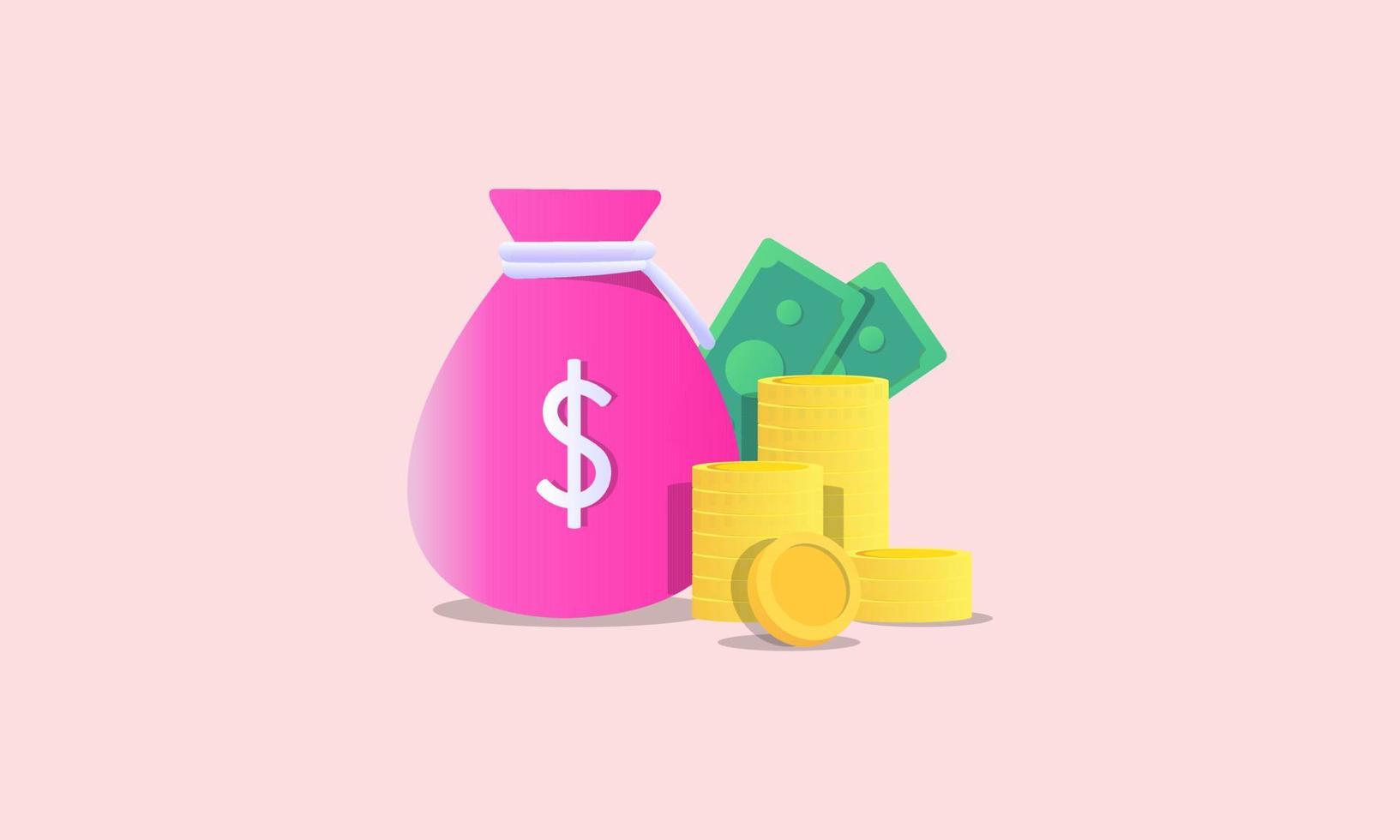 Money concept. money bag, coins stack and banknotes logo vector