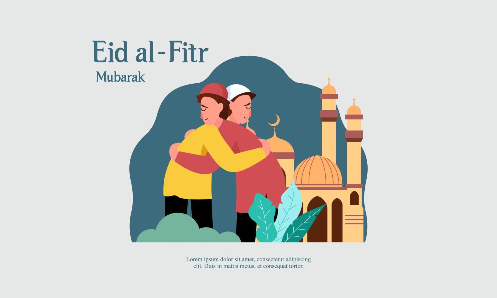 Happy eid mubarak, ramadan mubarak greeting concept with people character illustration vector