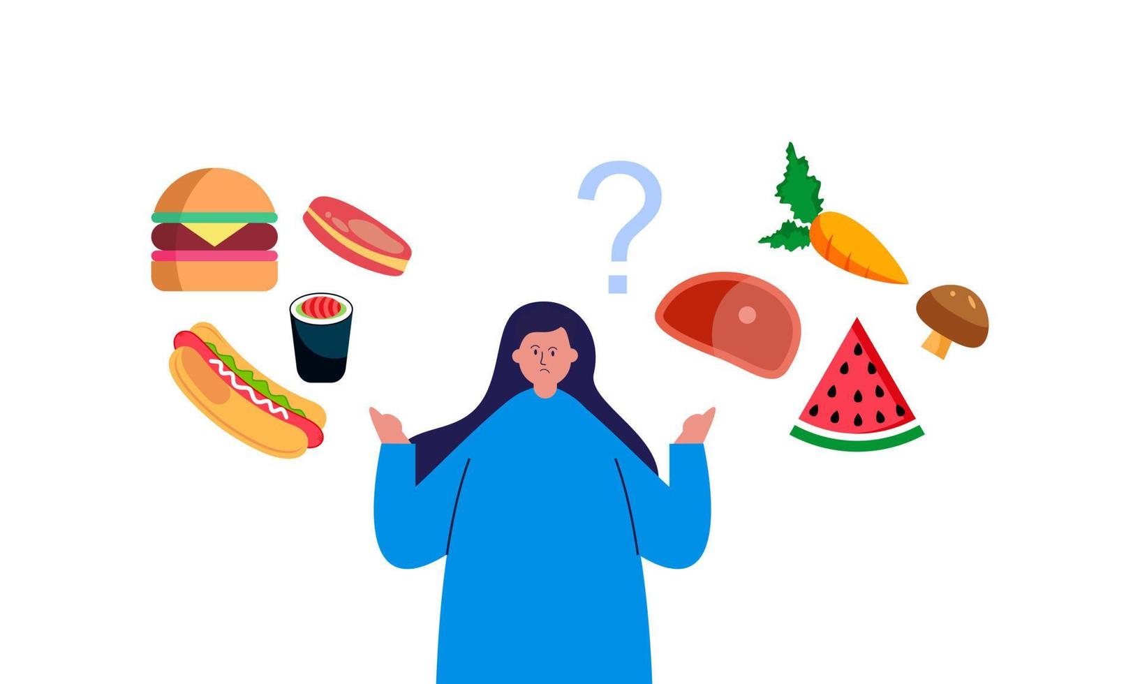 mujer eligiendo entre ilustración de concepto de alimentos saludables y no saludables vector