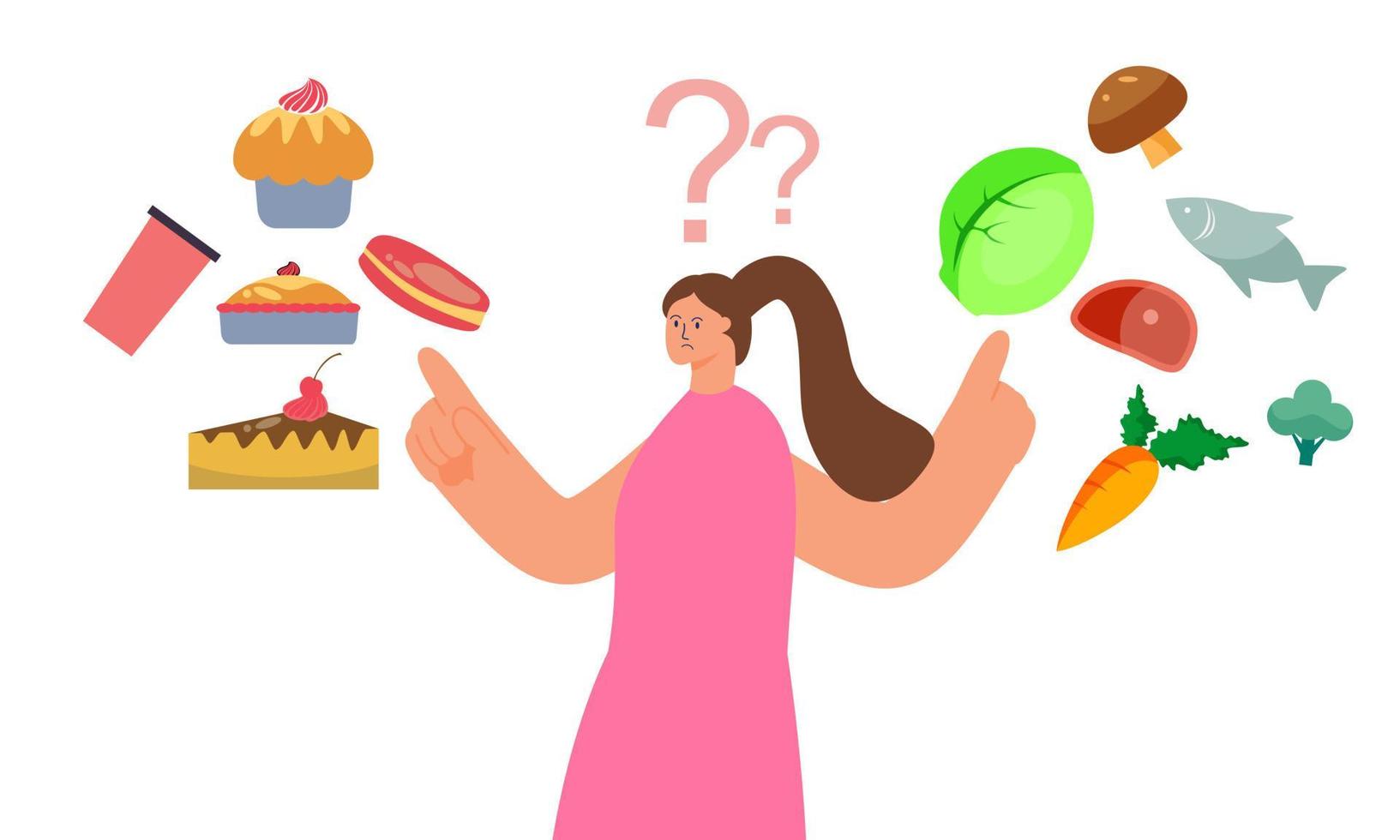 mujer eligiendo entre ilustración de concepto de alimentos saludables y no saludables vector