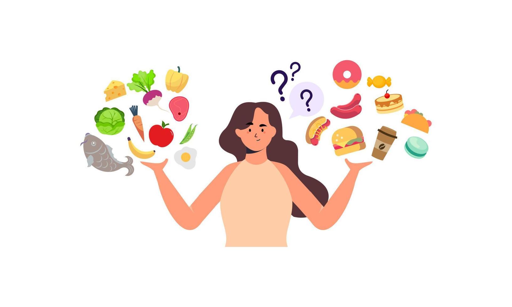 mujer eligiendo entre ilustración de concepto de alimentos saludables y no saludables vector