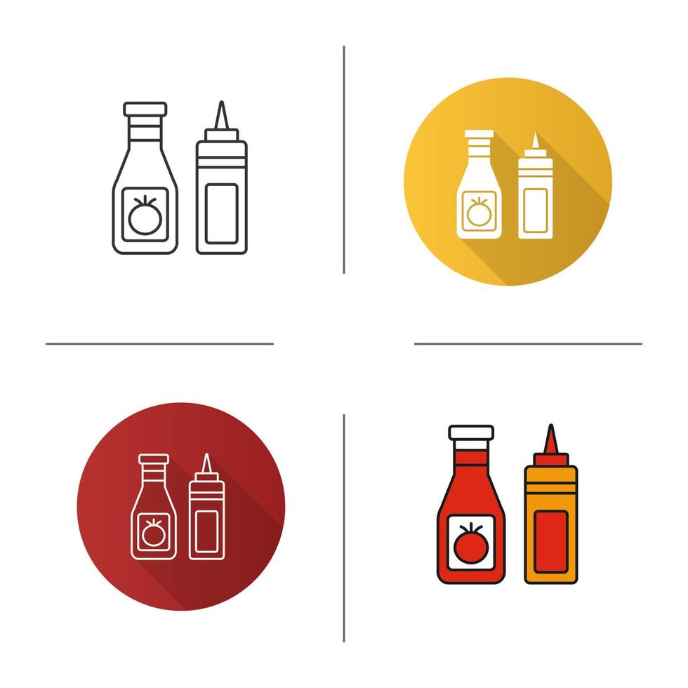 Ketchup and mustard icon. Flat design, linear and color styles. Condiment bottles. Isolated vector illustrations