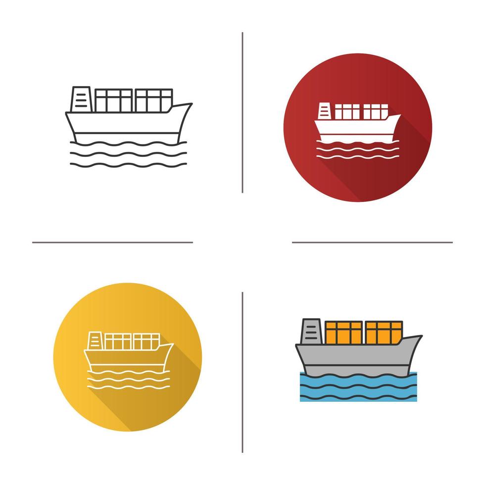 Cargo ship icon. Flat design, linear and color styles. Tanker. Container vessel. Isolated vector illustrations