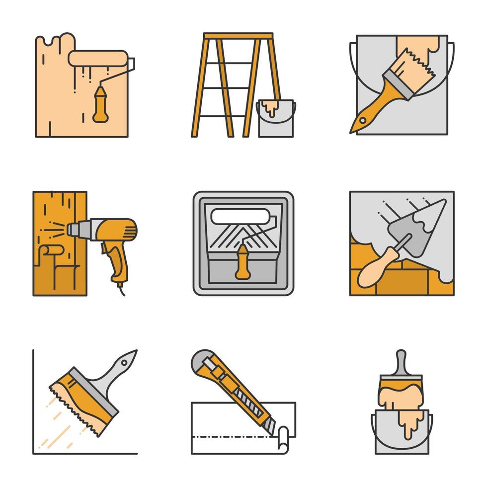 Construction tools color icons set. Paint roller, scaffolding ladder, bucket with brush, hot air gun, putty knife, glue brush, stationery knife, dyeing. Isolated vector illustrations