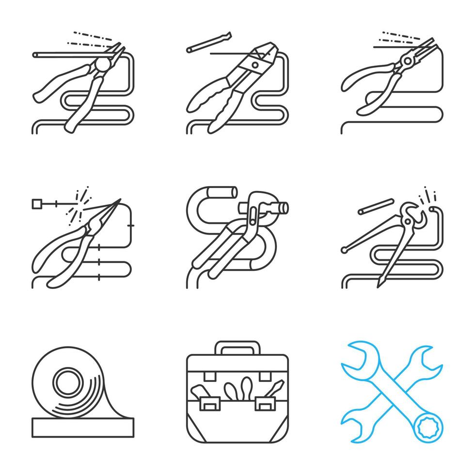 Construction tools linear icons set. Thin line contour symbols. Pliers, tongs, nippers, pincers cutting wire, crossed wrenches, adhesive tape, tool bag. Isolated vector outline illustrations