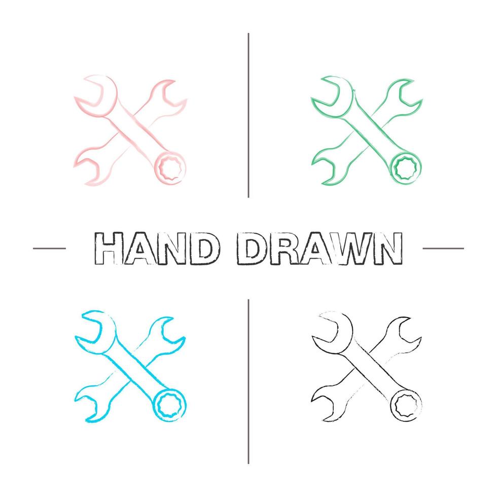 Crossed wrenches hand drawn icons set. Double open ended and combination spanners. Color brush stroke. Isolated vector sketchy illustrations