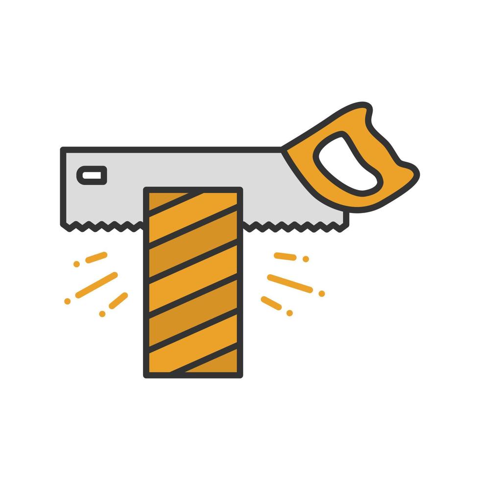 Tenon saw cutting wooden plank color icon. Isolated vector illustration