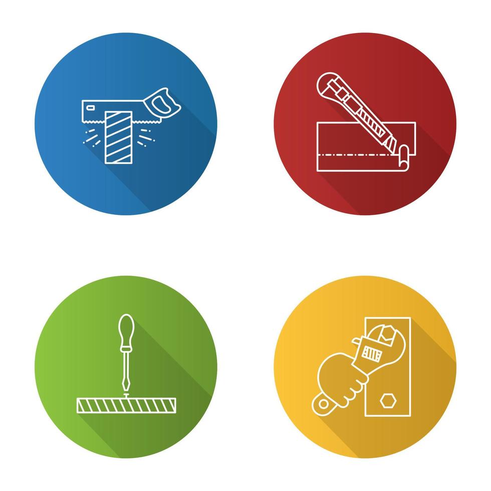 Construction tools flat linear long shadow icons set. Tenon saw, stationery knife, screwdriver, wrench in hand. Vector outline illustration