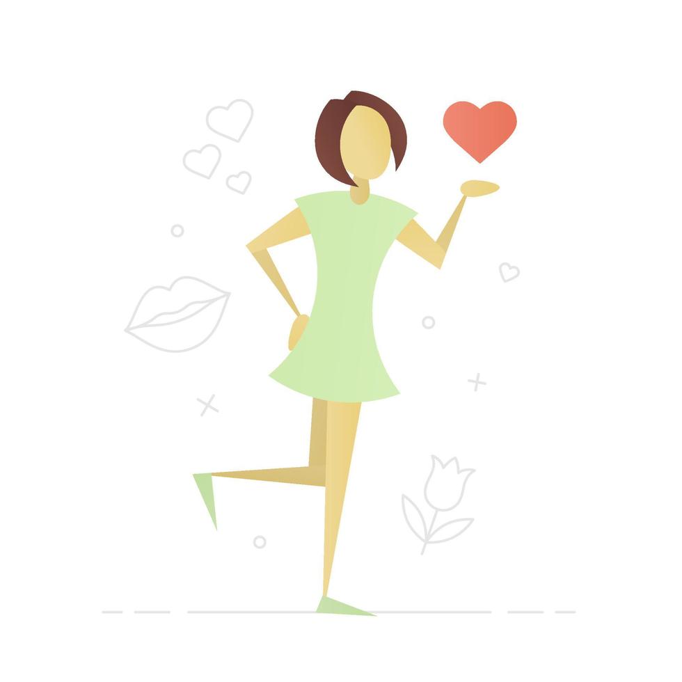 Girl giving air kiss flat character design. Woman holding heart in hand. Lady fallen in love. Vector isolated illustration