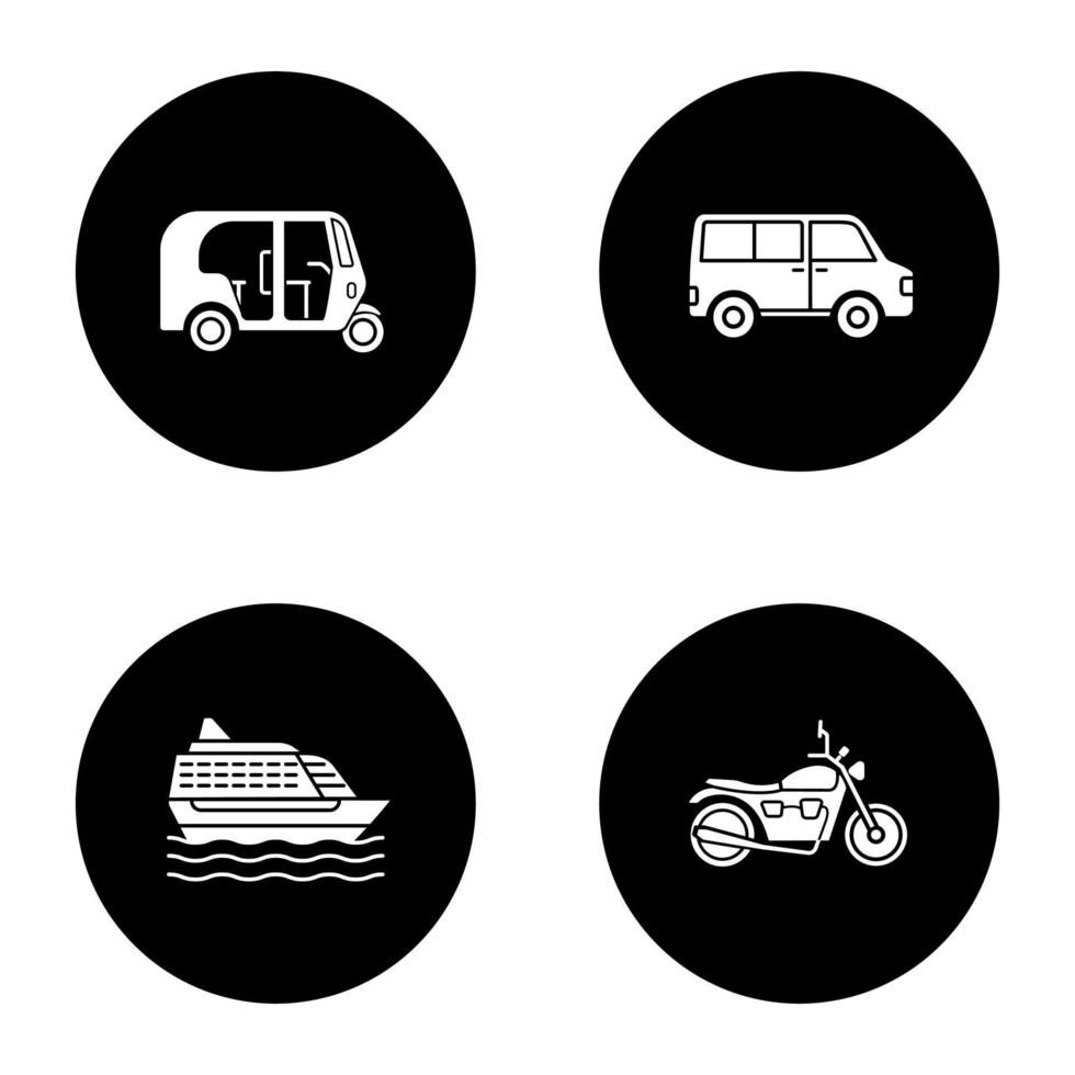 Public transport glyph icons set. Modes of transport. Auto rickshaw, minivan, cruise ship, motorbike. Vector white silhouettes illustrations in black circles