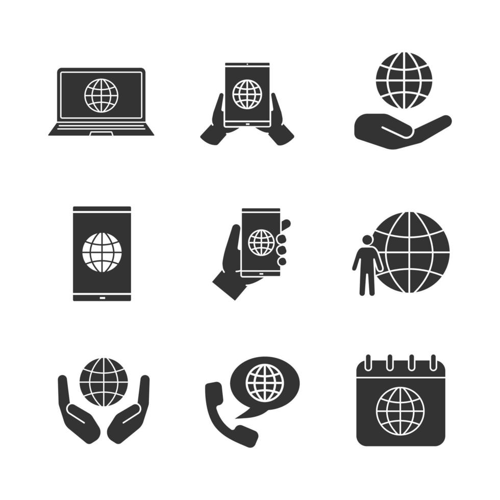 Worldwide glyph icons set. Tablet pc internet, smartphone and laptop, planet in hands, Earth population, internet call, global calendar. Silhouette symbols. Vector isolated illustration