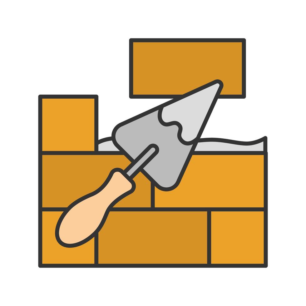 Brick wall with triangular shovel color icon. Putty knife, spatula. Cement solution. Isolated vector illustration