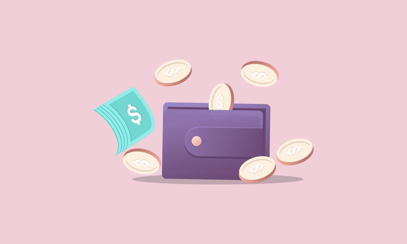 Money concept. money bag, coins stack and banknotes logo vector