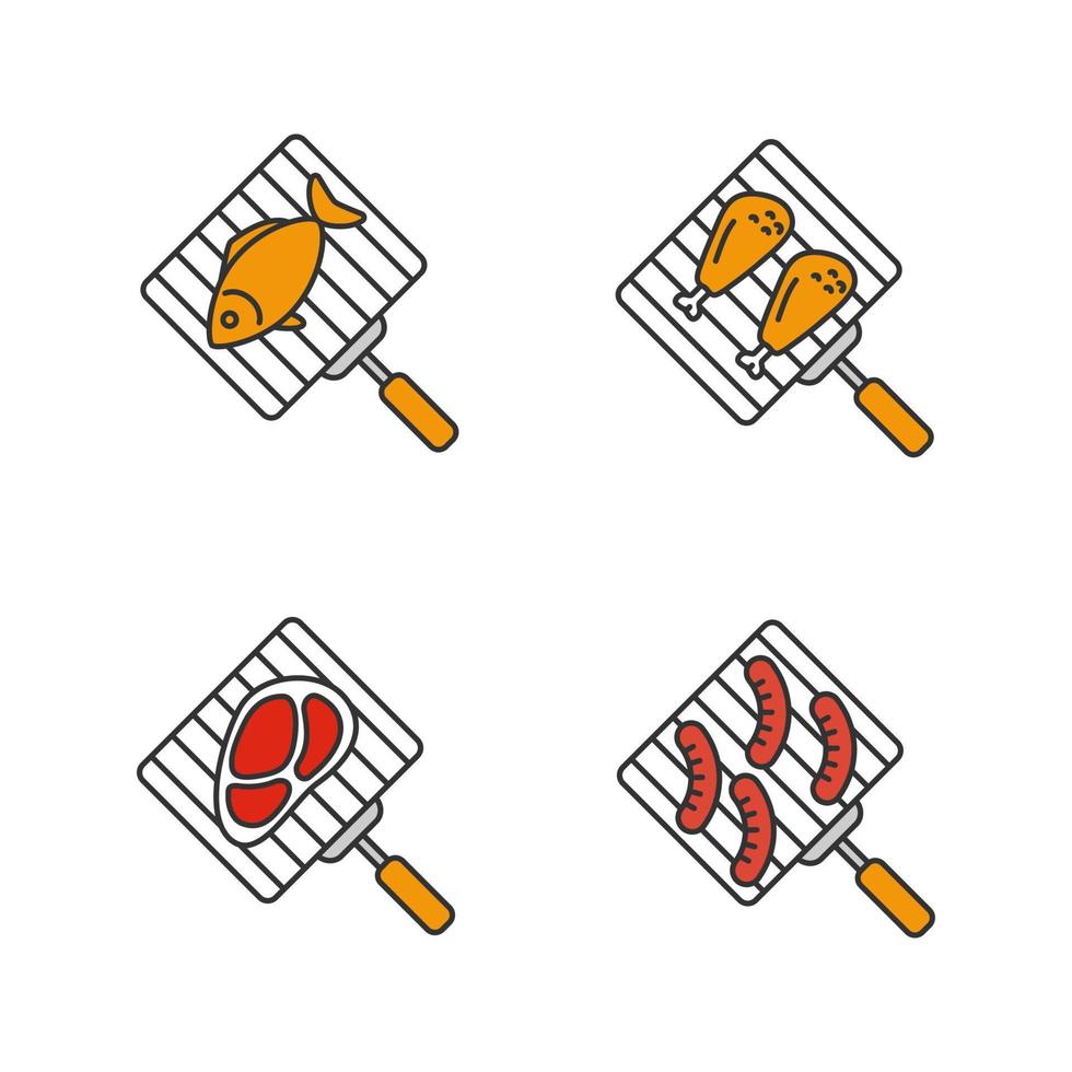 Barbecue color icons set. BBQ. Hand grills with fish, chicken drumsticks, meat steak and sausages. Isolated vector illustrations