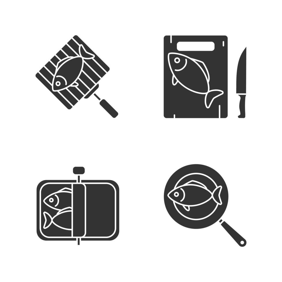 conjunto de iconos de glifo de preparación de pescado. Pescado enlatado, frito, troceado y a la plancha. símbolos de silueta. ilustración vectorial aislada vector