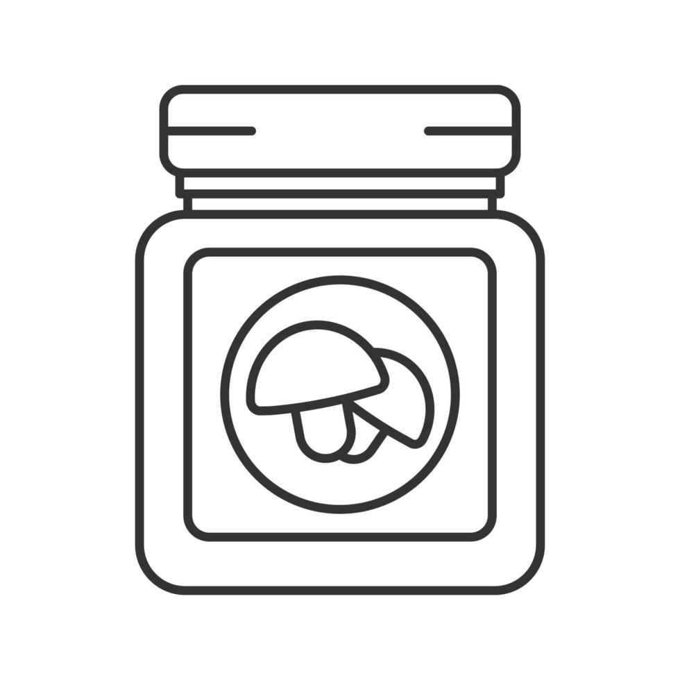 Canned mushrooms linear icon. Thin line illustration. Vegetable preserve. Contour symbol. Vector isolated outline drawing