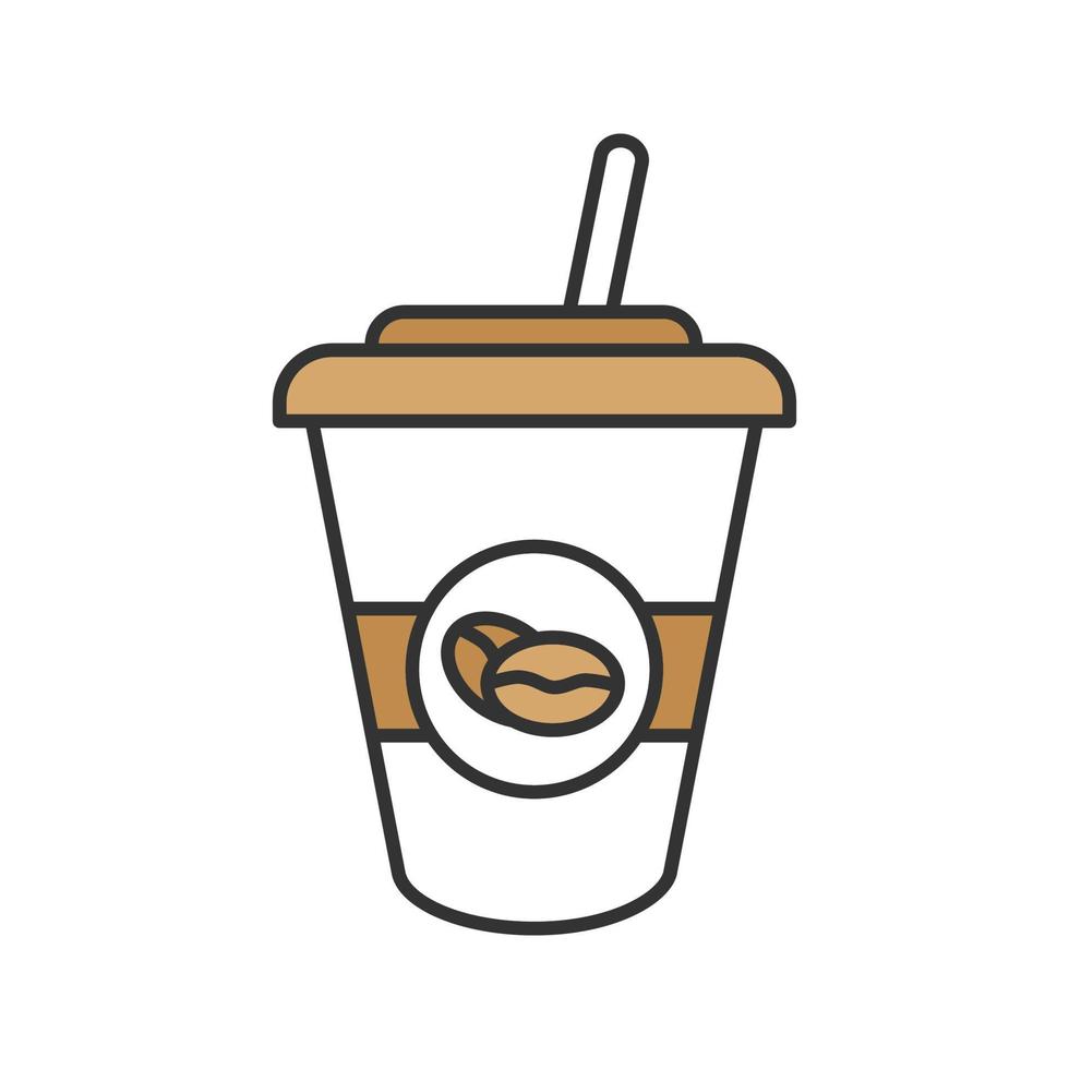 Iced coffee drink color icon. Disposable coffee cup with straw. Isolated vector illustration