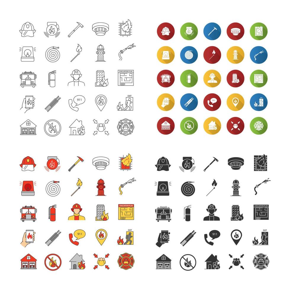 Firefighting icons set. Linear, flat design, color and glyph styles. isolated vector illustrations