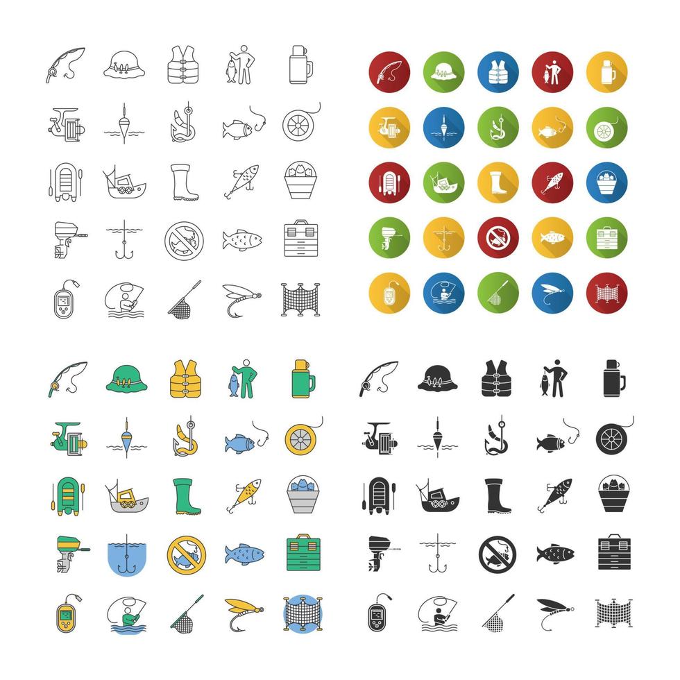 Fishing icons set. Angling equipment. Linear, flat design, color and glyph styles. isolated vector illustrations