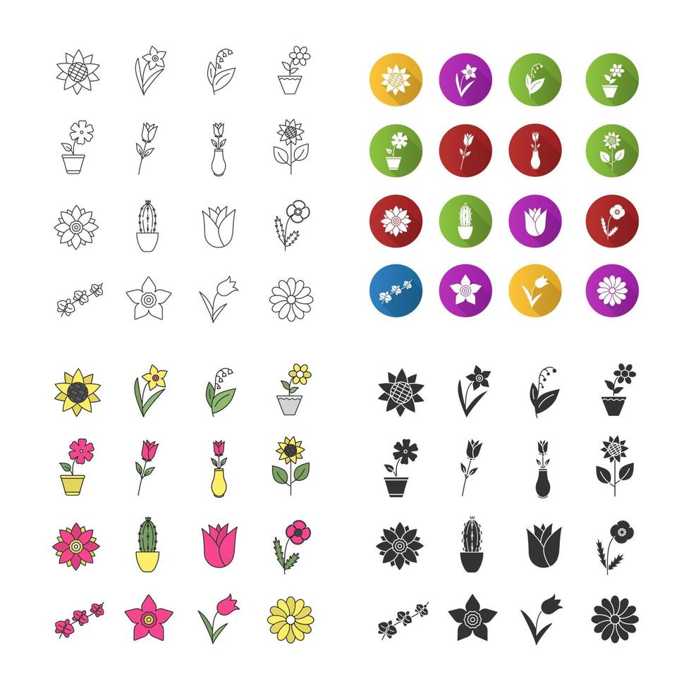 Flowers icons set. Garden, wild, house plants. Linear, flat design, color and glyph styles. Isolated vector illustrations