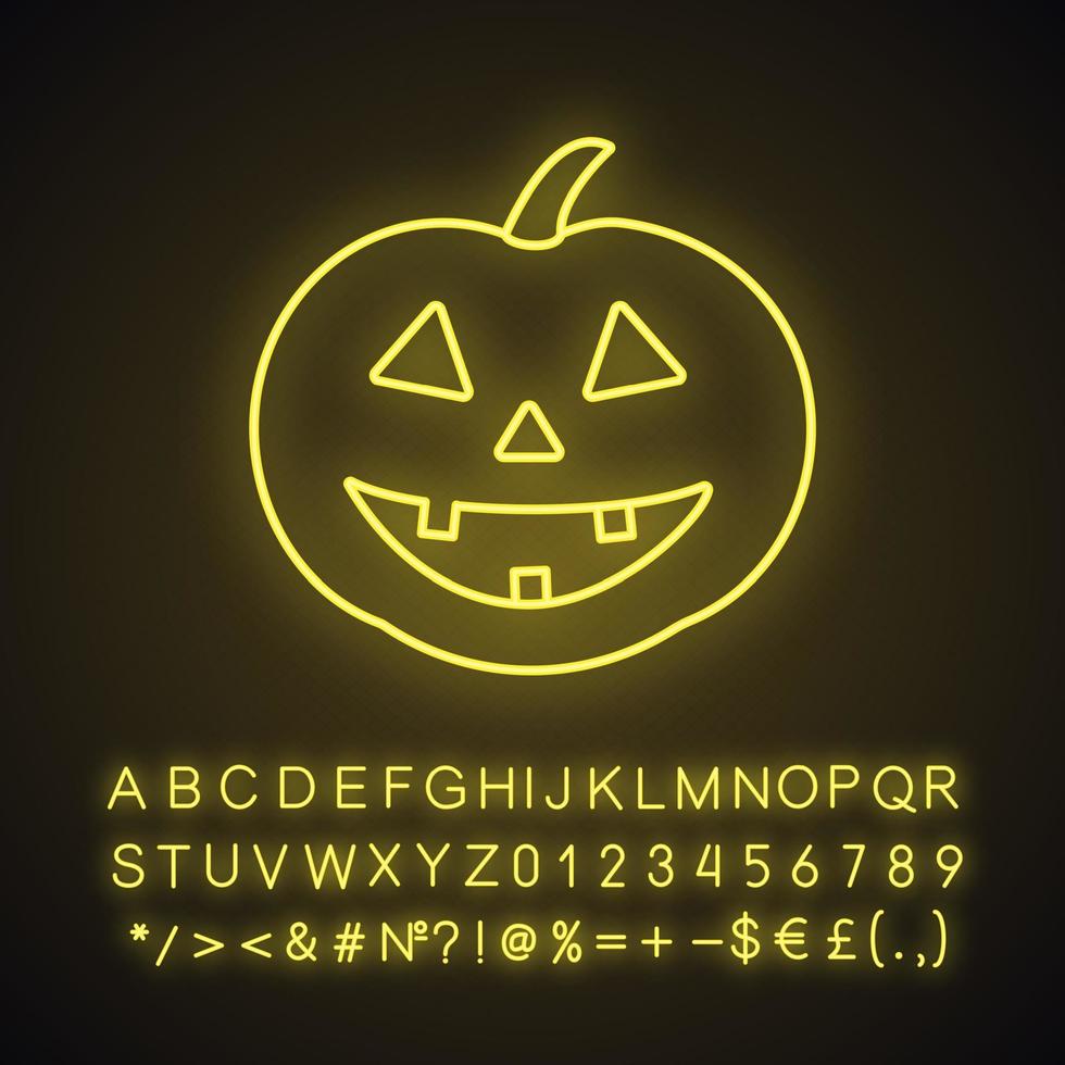 Halloween pumpkin neon light icon. Glowing sign with alphabet, numbers and symbols. Vector isolated illustration