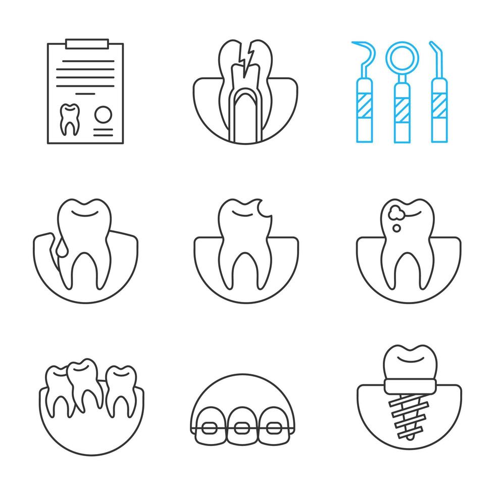 conjunto de iconos lineales de odontología. informe médico, dolor de muelas, instrumentos dentales, gingivitis, diente roto, caries, implante, frenos, dientes torcidos. símbolos de contorno de línea delgada. ilustraciones de vectores aislados