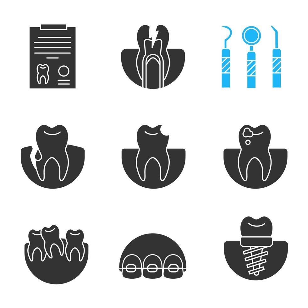 Dentistry glyph icons set. Medical report, toothache, dental instruments, gingivitis, broken tooth, caries, implant, braces, crooked teeth. Silhouette symbols. Vector isolated illustration