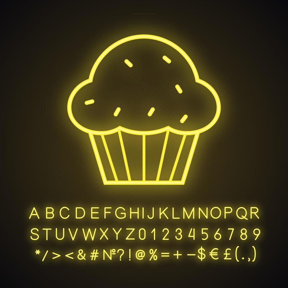 Cupcake neon light icon. Muffin. Glowing sign with alphabet, numbers and symbols. Vector isolated illustration