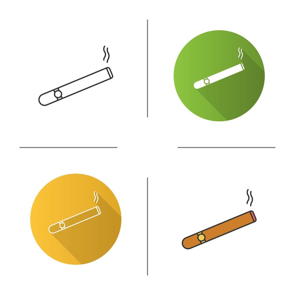 Burning cigar icon. Cigarette. Smoking area. Flat design, linear and color styles. Isolated vector illustrations