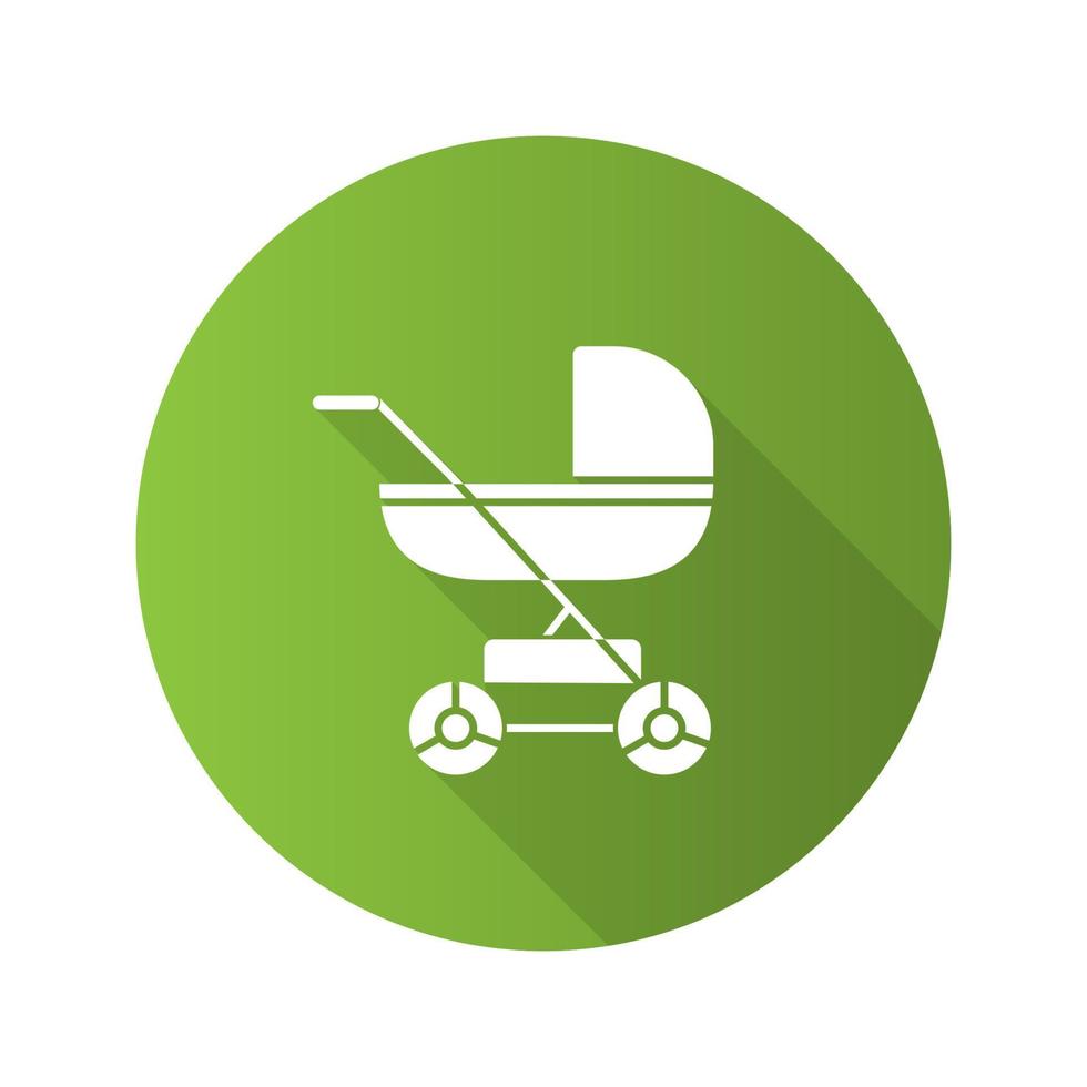Baby carriage flat design long shadow glyph icon. Pram, stroller. Vector silhouette illustration