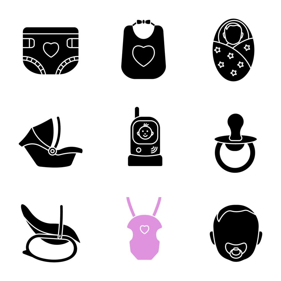 Childcare glyph icons set. Baby diaper, bib, newborn, car seat, radio nanny, pacifier, rocking chair, carrying bag, child face. Silhouette symbols. Vector isolated illustration