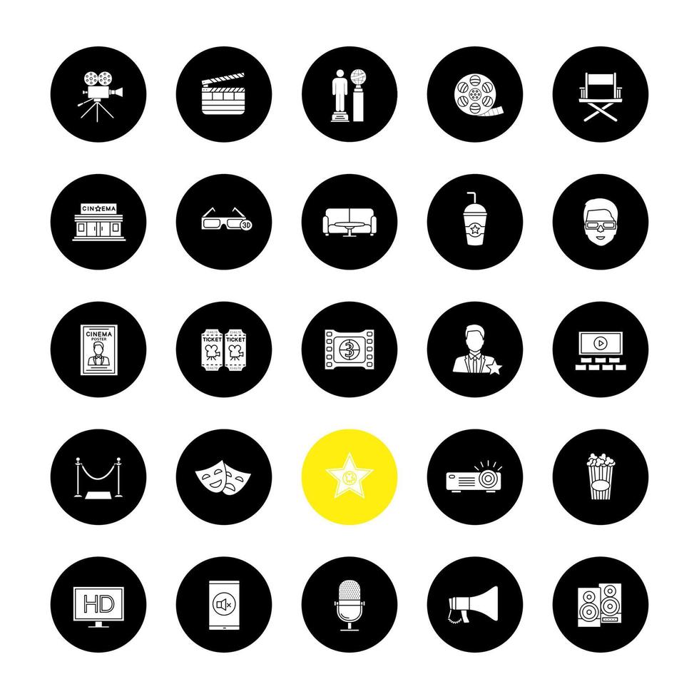 Cinema glyph icons set. Movie theater. Equipment, service, awards. Vector white silhouettes illustrations in black circles