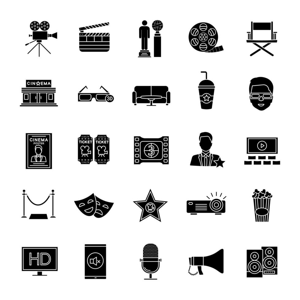 conjunto de iconos de glifo de cine. cine. equipo, servicio, premios. símbolos de silueta. ilustración vectorial aislada vector