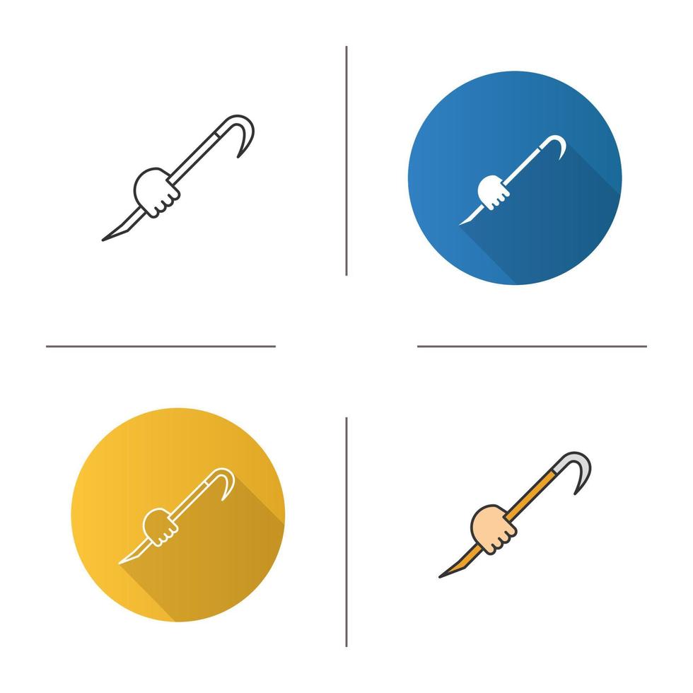 Hand holding crowbar icon. Wrecking bar, prybar. Flat design, linear and color styles. Isolated vector illustrations