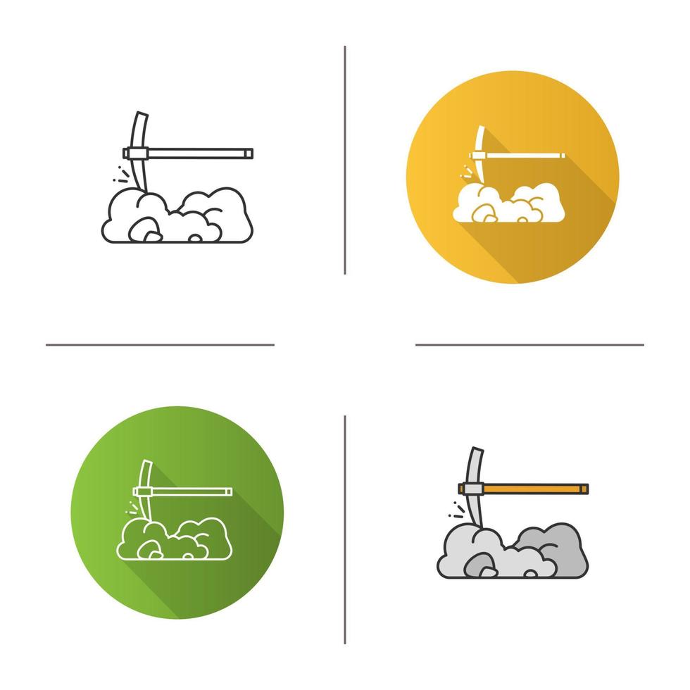 Pick axe breaking rocks icon. Mining. Navvy pick. Flat design, linear and color styles. Isolated vector illustrations