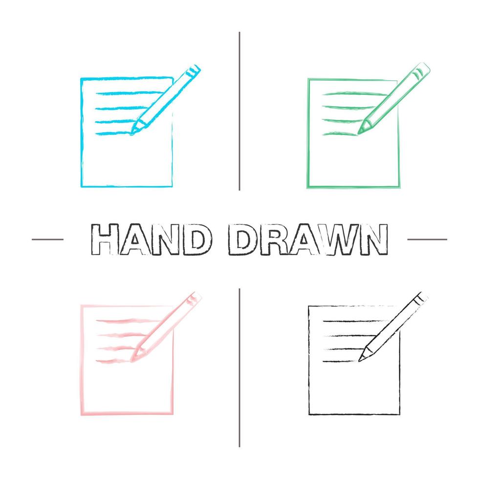 Notepad with pencil hand drawn icons set. Color brush stroke. Taking notes. Isolated vector sketchy illustrations