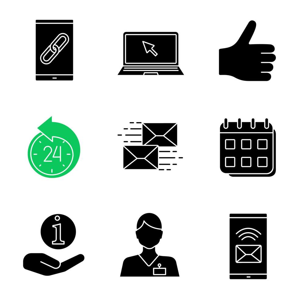Information center glyph icons set. Silhouette symbols. Link, laptop, like, reschedule, mailing, calendar, helpdesk, hotline, incoming message. Vector isolated illustration