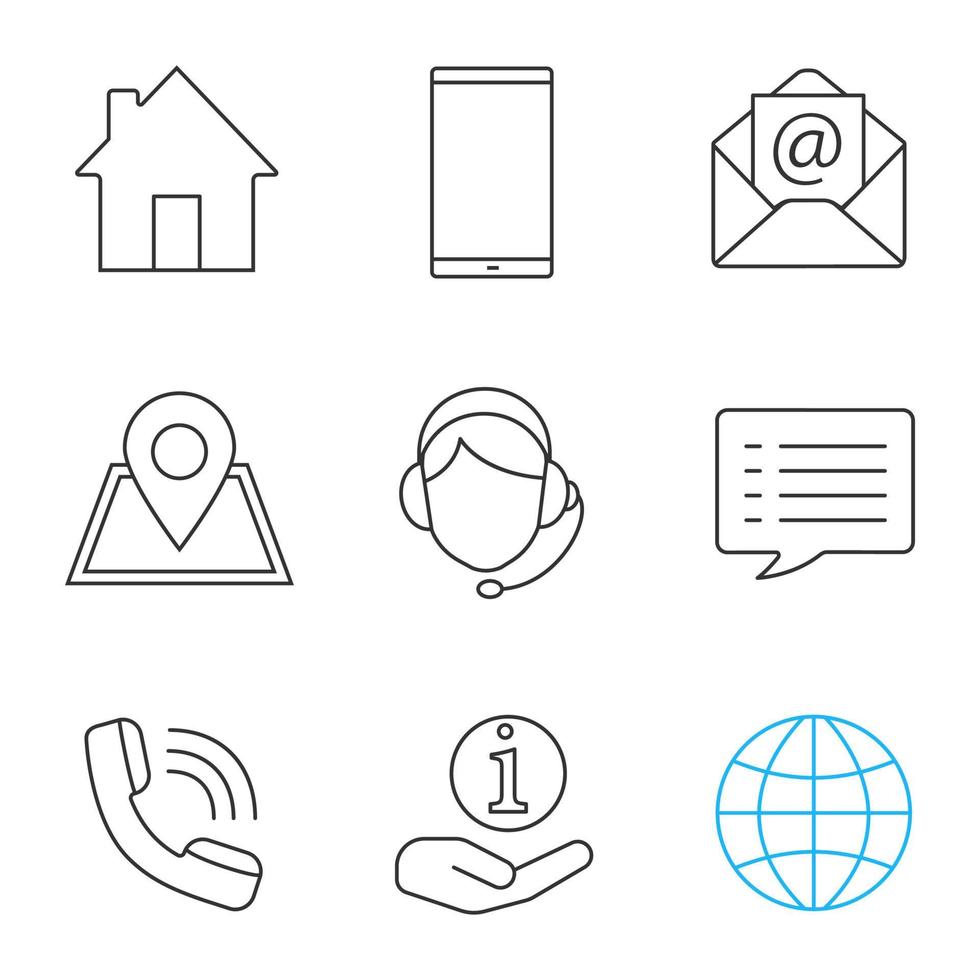 Information center linear icons set. Homepage, smartphone, email, GPS, hotline, chat, call, helpdesk, globe. Thin line contour symbols. Isolated vector outline illustrations