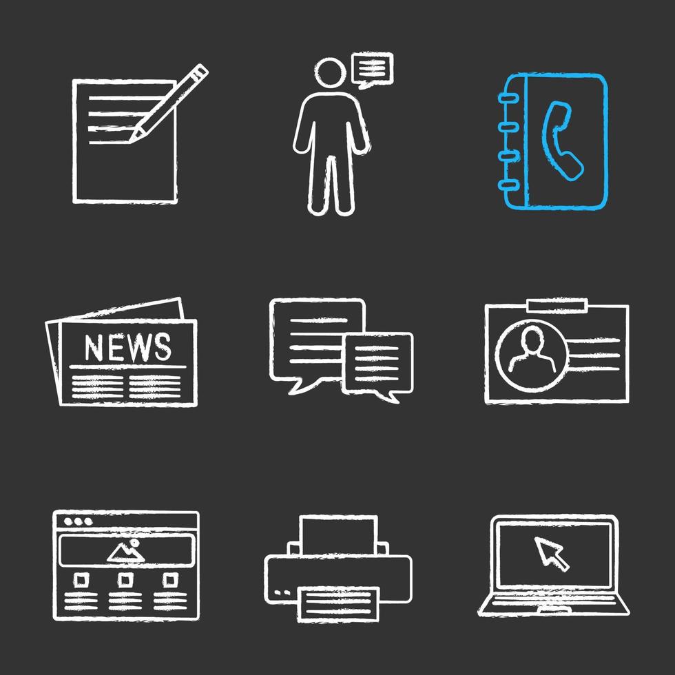 Information center chalk icons set. Notepad, announcement, phone book, news, chat, ID card, web page, printer, laptop. Isolated vector chalkboard illustrations