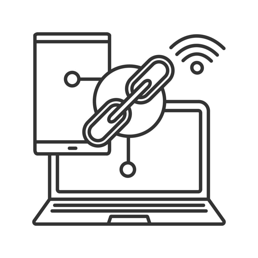 Link sharing linear icon. Thin line illustration. Wifi sharing. Smartphone and computer connection. Contour symbol. Vector isolated outline drawing